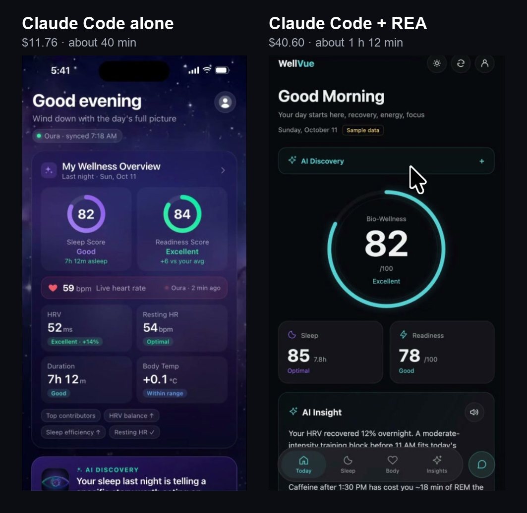 The Today tab rebuilt by Claude Code alone, next to the one rebuilt by Claude Code with REA